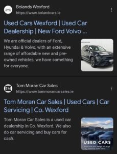 serp result listing showing images along side car dealers